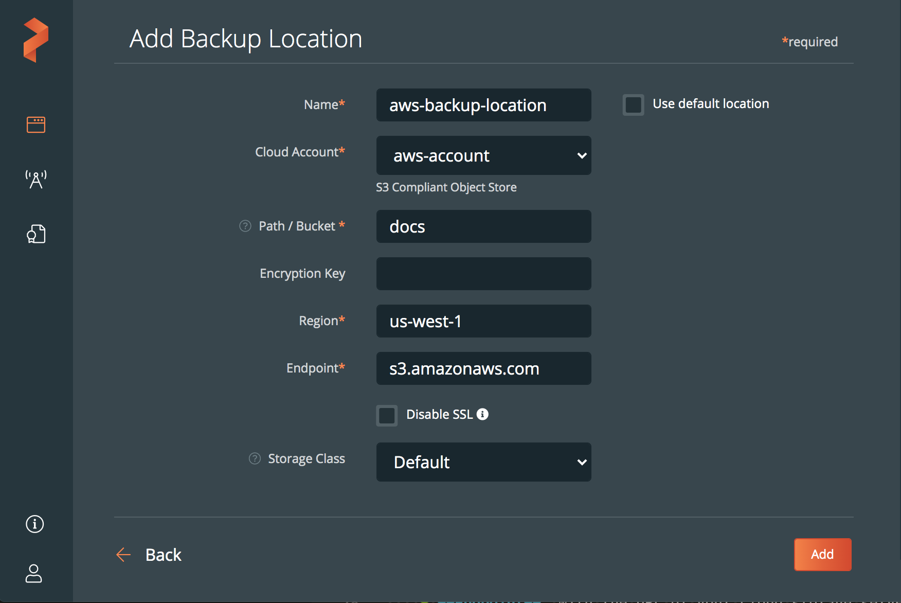 Configure an AWS backup location